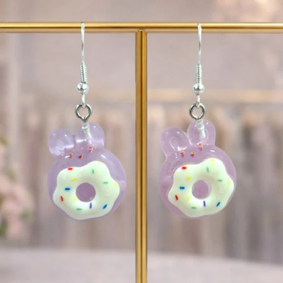 Handmade Lavender Sugar Bunny Donut Earrings | Y2K Kawaii Cute Statement Jewelry - Picture 2 of 5